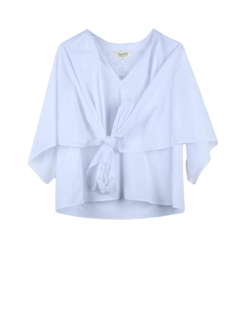 Psophia White Cropped V-Neck Tie Short-Sleeve Top