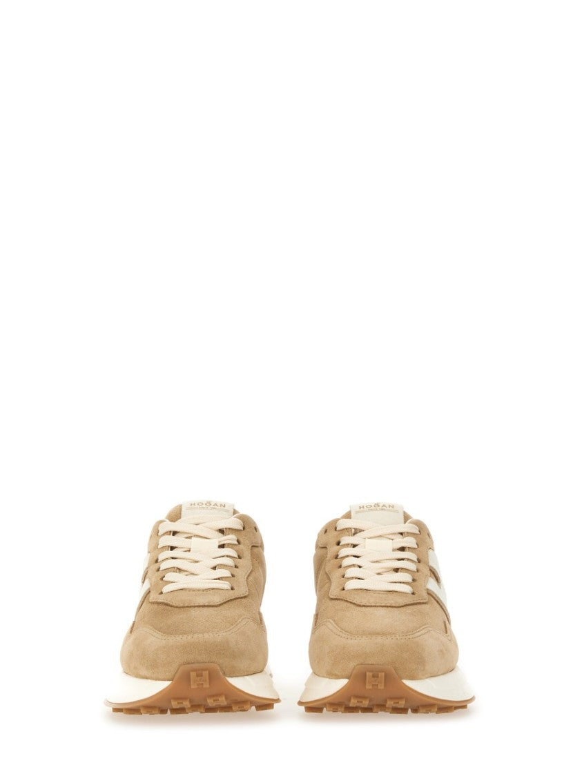 Hogan Beige Suede Sneakers With Contrasting Logo And Textured Sole
