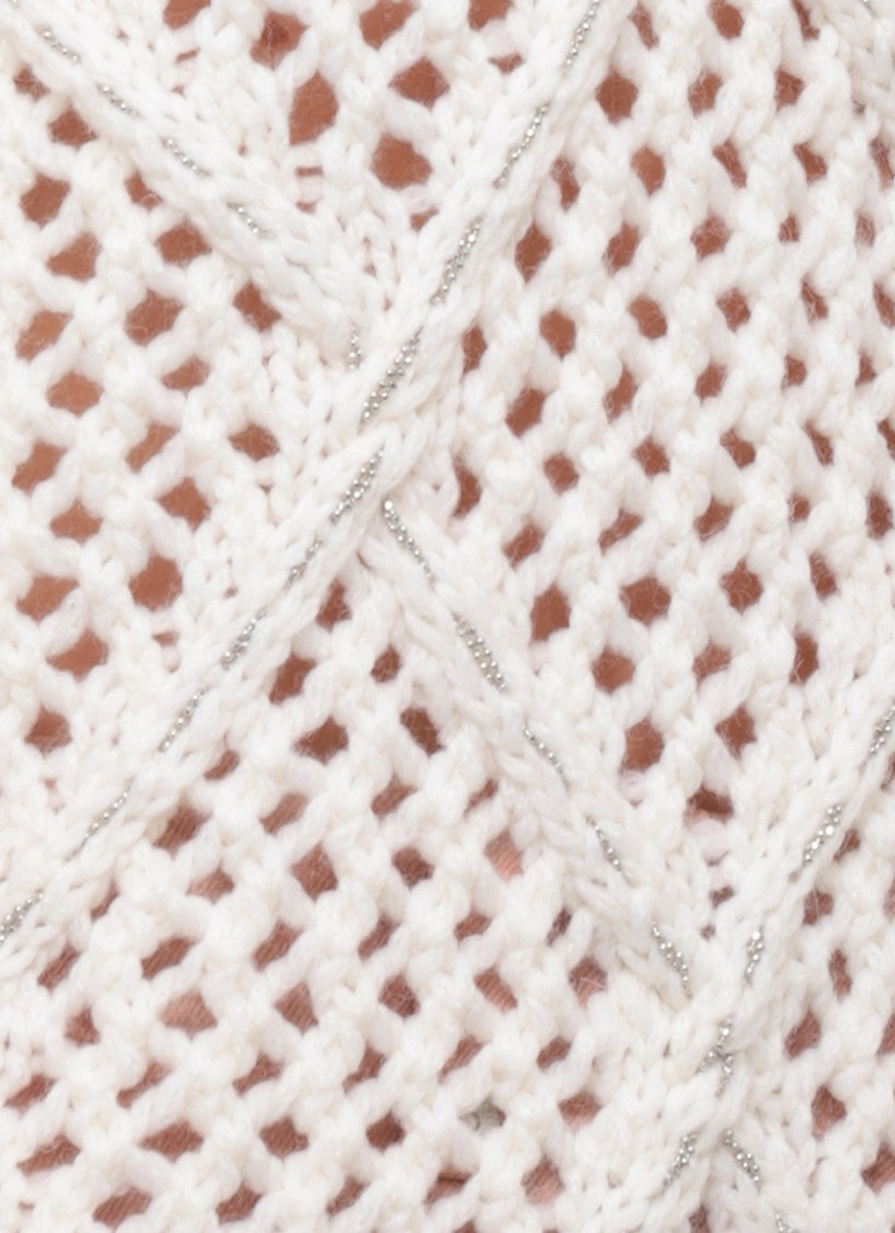 Peserico Perforated White Sweater With Beaded Details And Ribbed Finishing