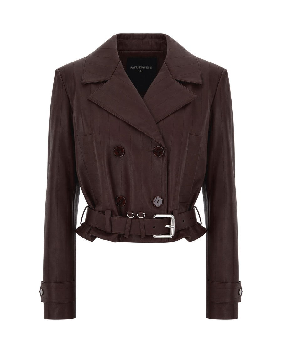 Patrizia Pepe Dark Brown Faux Leather Belted Cropped Jacket