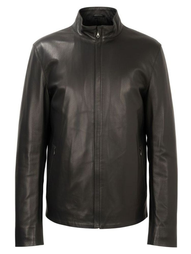Sergio Moretti Black Minimalist Stand-Up Collar Sheep Leather Jacket