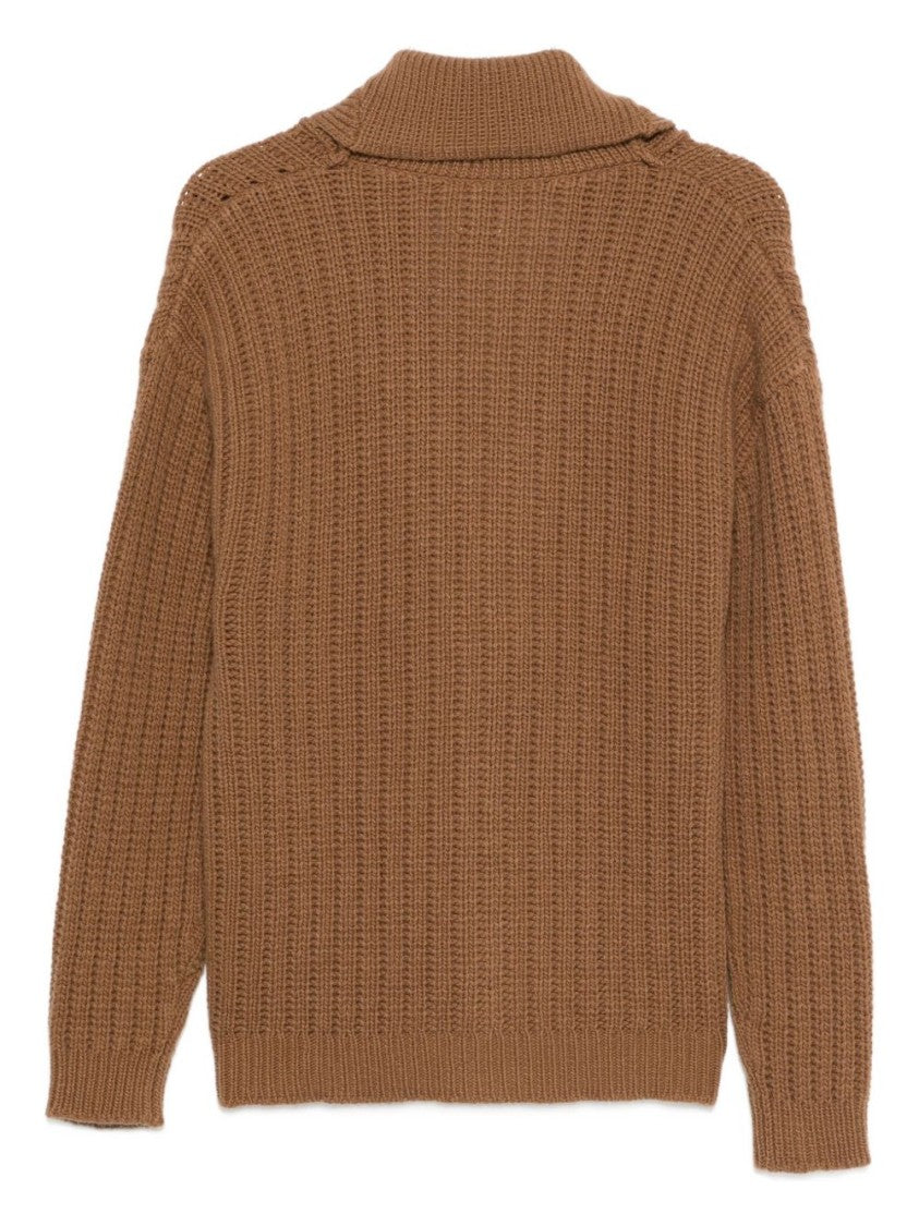 Rakki' Ribbed Shawl-Collar Brown Knit Sweater