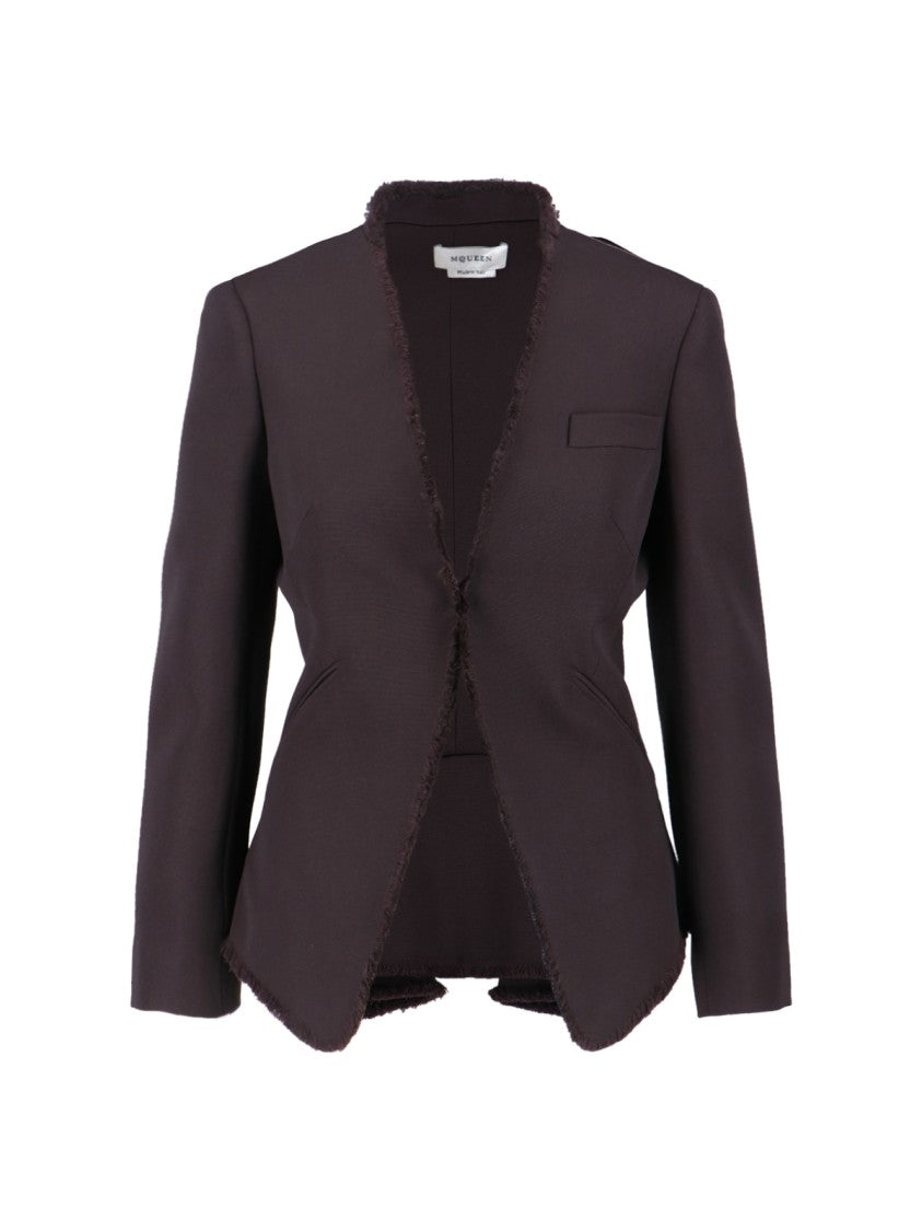 Alexander Mcqueen Tailored Brown Wool Blazer With Frayed Edges And Asymmetrical Hem