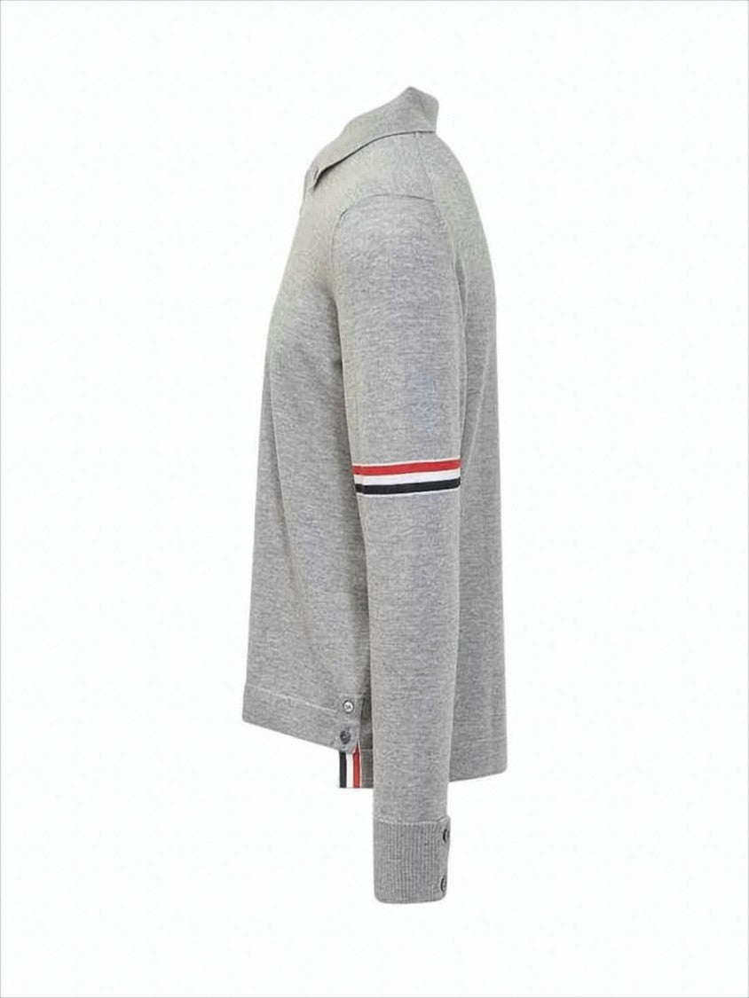Thom Browne Button-Up Cardigan In Soft Grey With Striped Accents