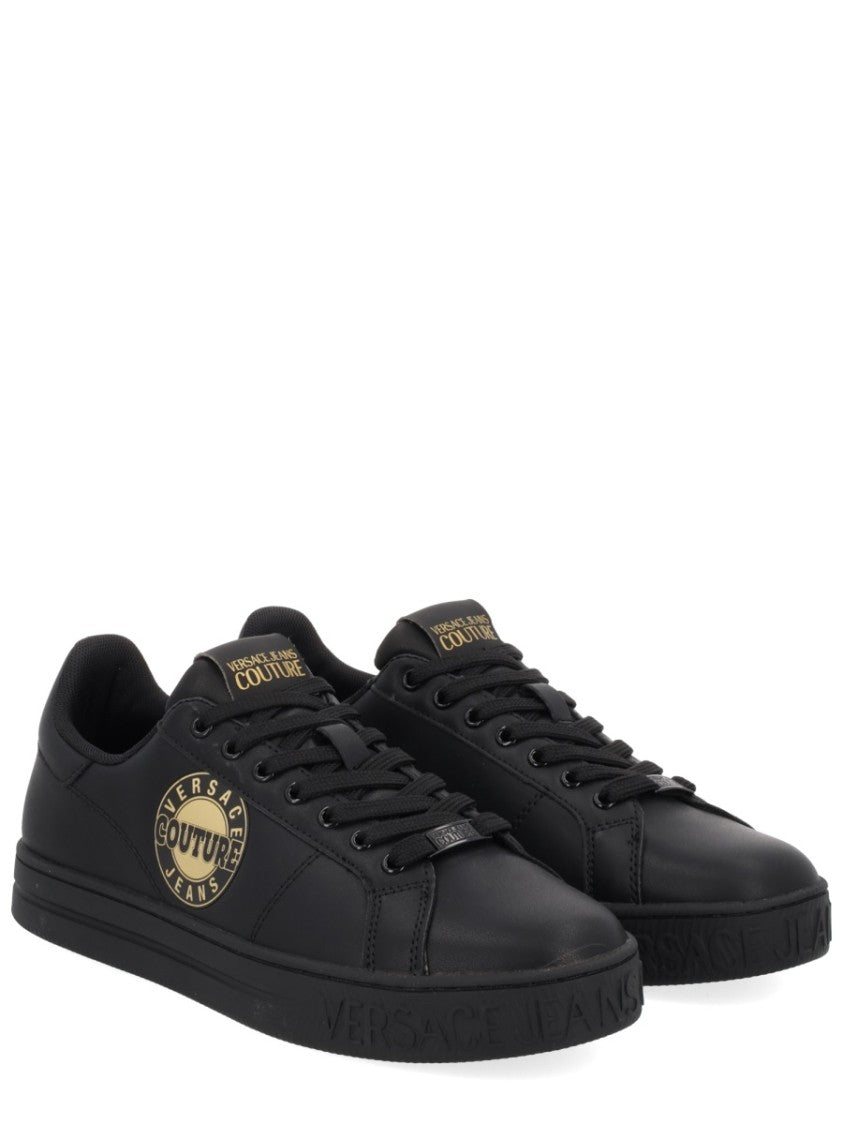 Versace Jeans Couture Lace-Up Black Sneakers With Gold-Tone Accents
