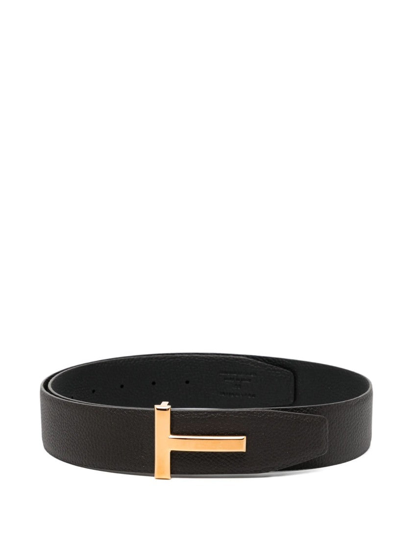 Tom Ford Textured Leather Gold-Tone T-Buckle Belt