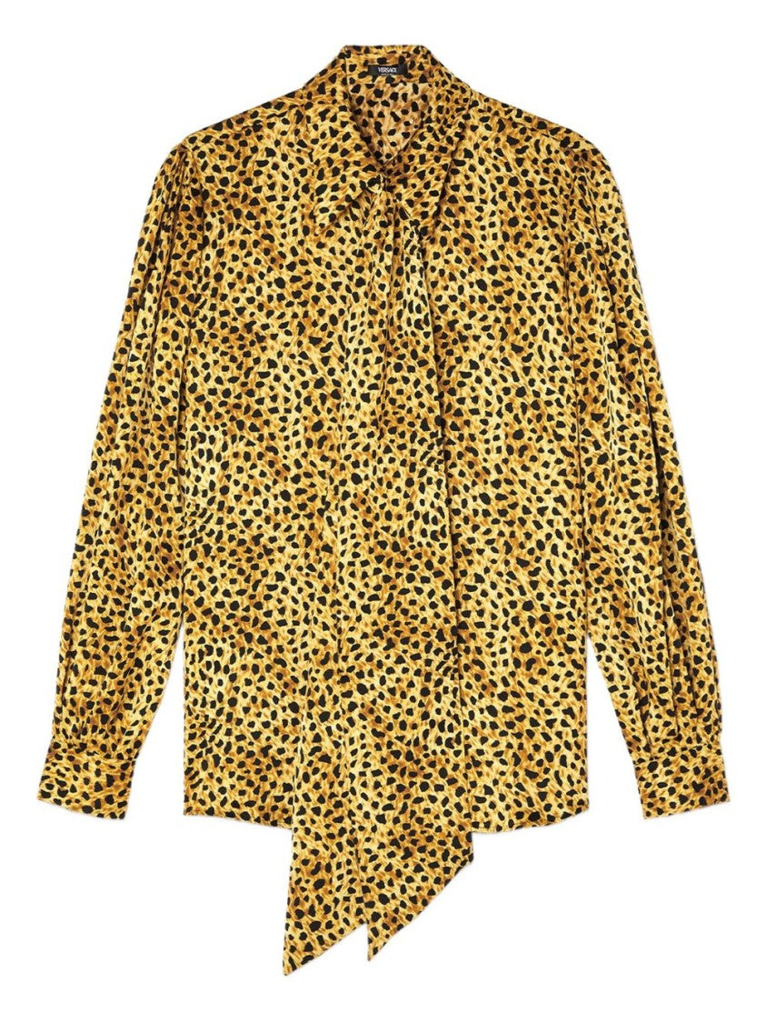 Versace Gold-Tone Cheetah Print Silk Tie Top