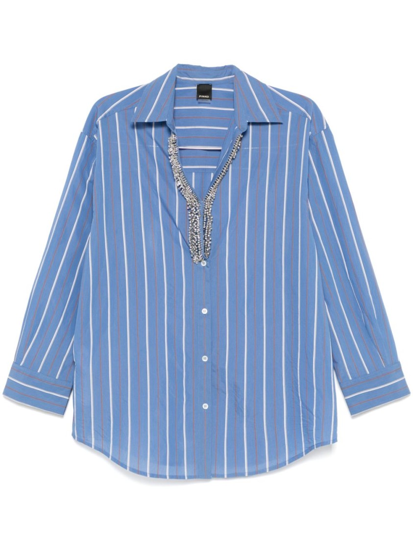 Pinko Blue And White Striped Shirt With Embellished Neckline