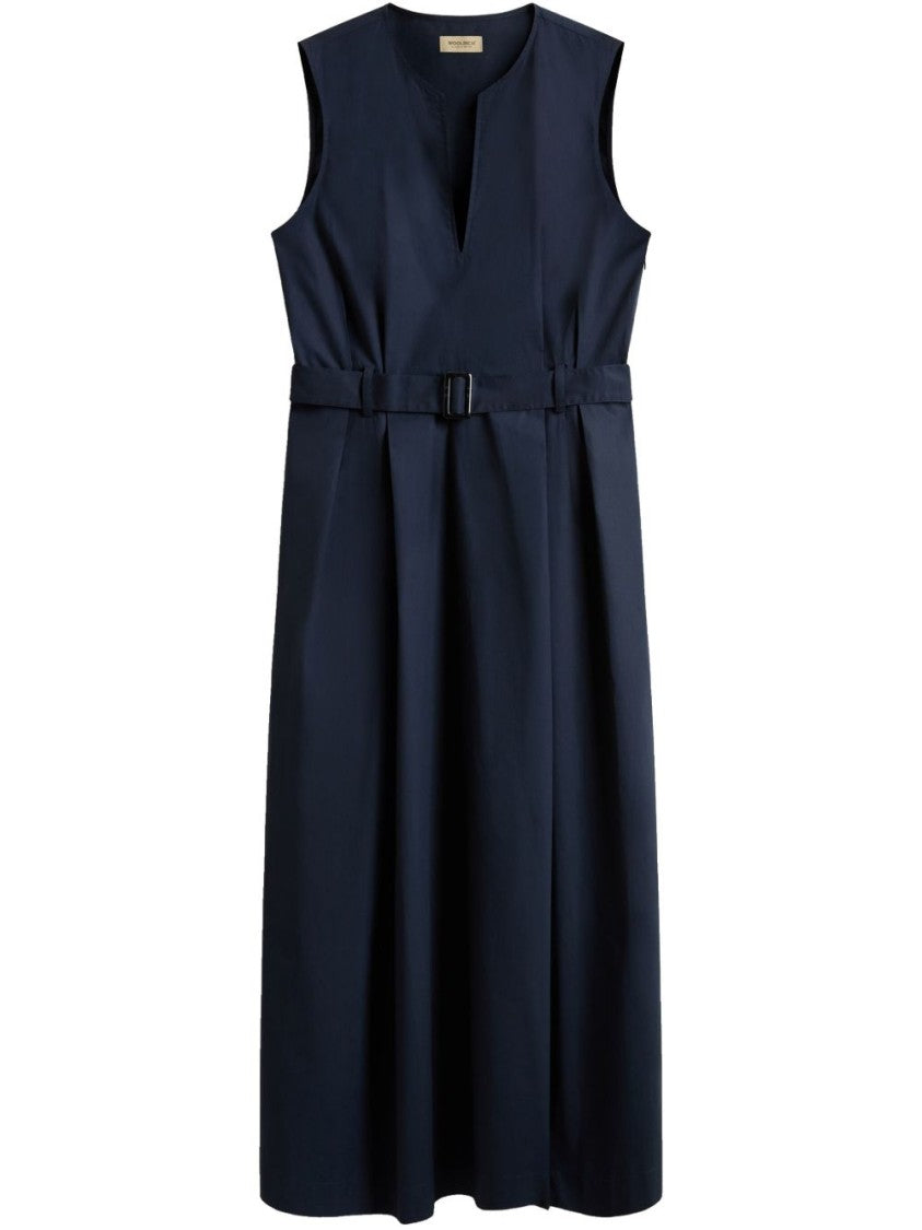 Woolrich Sleeveless Blue Dress With V-Neckline And Belted Waist