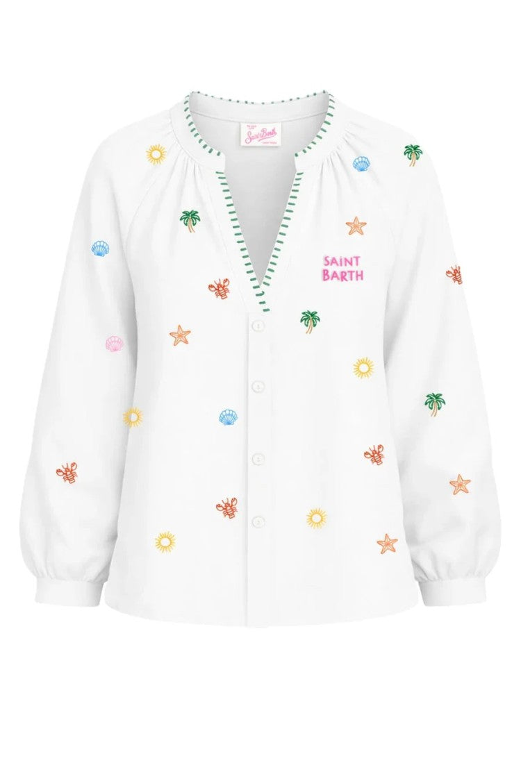 Mc2 Saint Barth White V-Neckline Embroidered Blouse