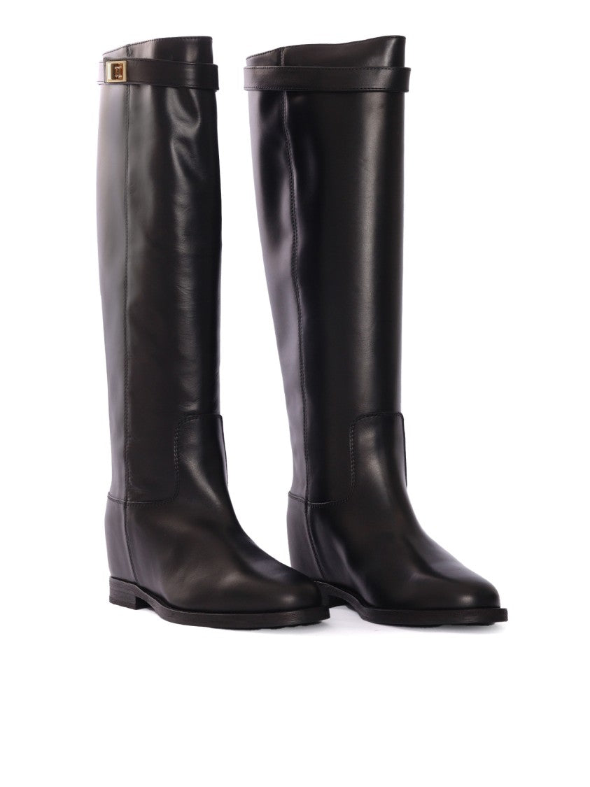 Via Roma 15 Tall Leather Boots With Metallic Lock Detail