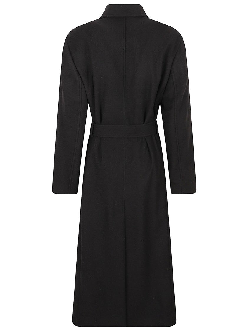 Brunello Cucinelli Timeless Black Wool Long Coat With Tailored Fit And Belted Waist