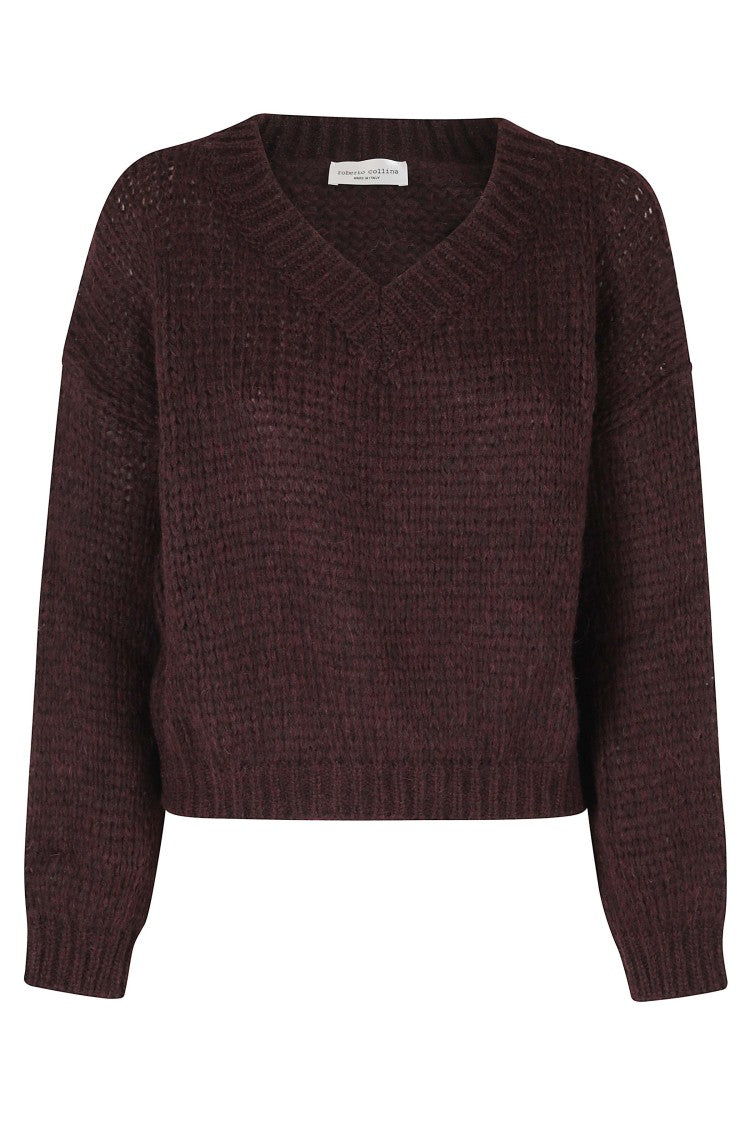Roberto Collina Bordeaux V-Neck Sweater With Ribbed Trim By Roberto Collina