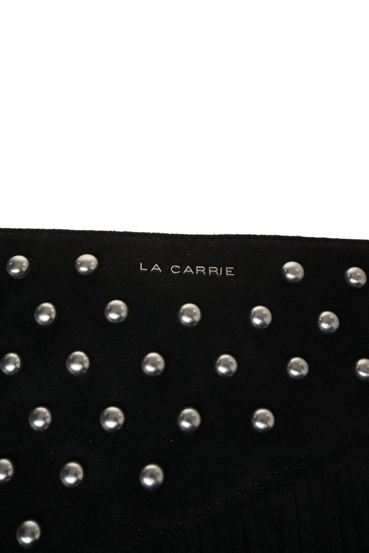 La Carrie Fringe-Embellished Black Shoulder Bag With Silver Chain Strap