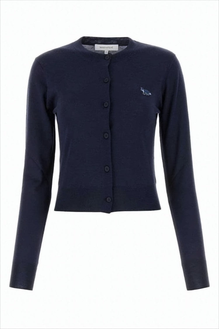 Maison Kitsuné Cropped Blue Wool Cardigan With Button-Down Closure And Embroidered Detail