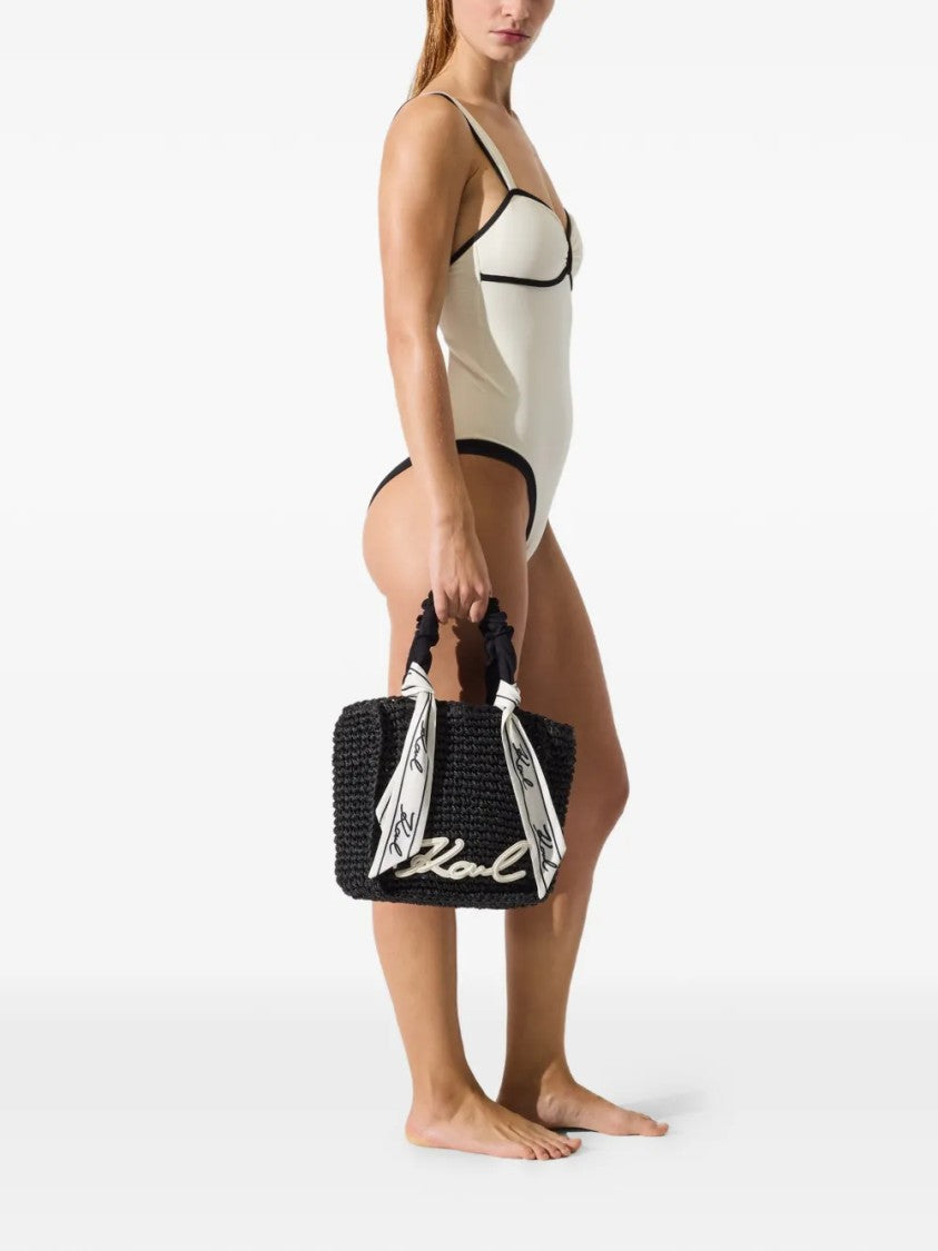 Karl Lagerfeld Woven Handbag With Ruched Handle And Signature Detail