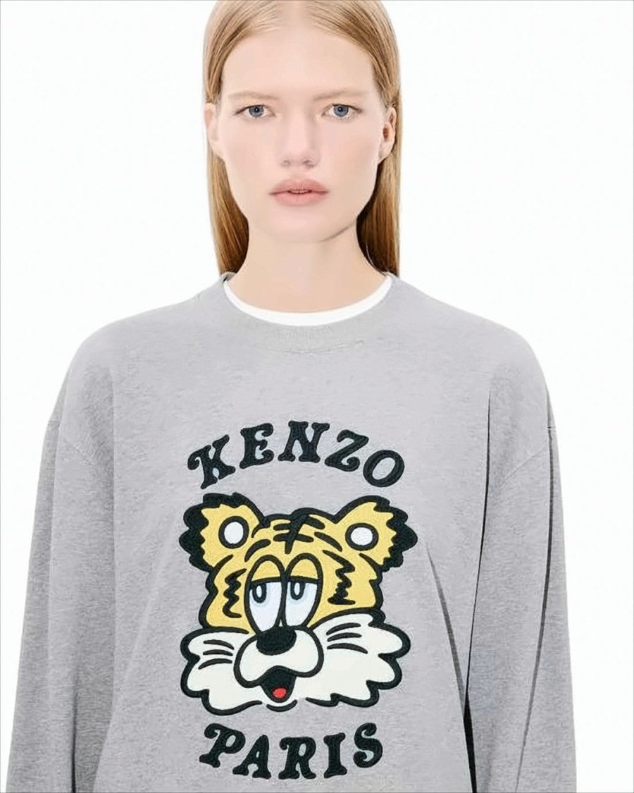 Kenzo Heather Grey Long-Sleeve Sweatshirt With Tiger Graphic