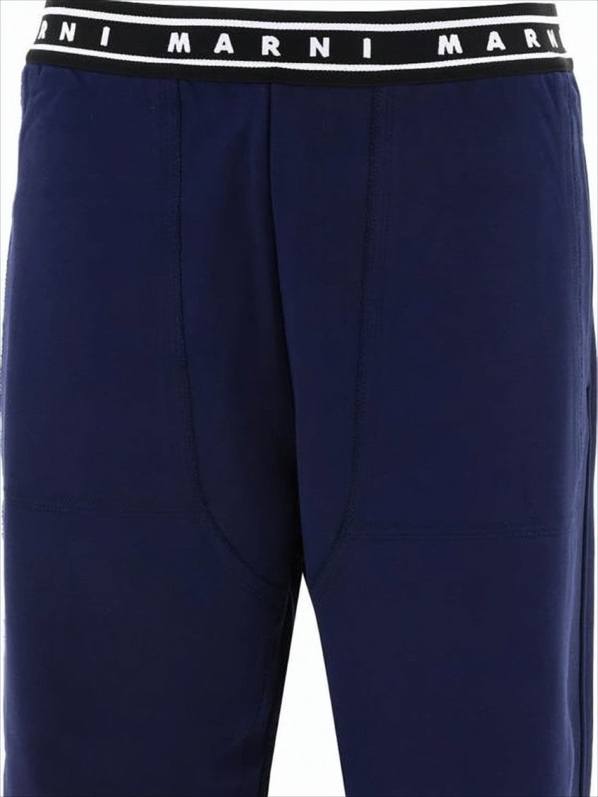 Marni Deep Navy Straight Pants With Logo-Detail Waistband