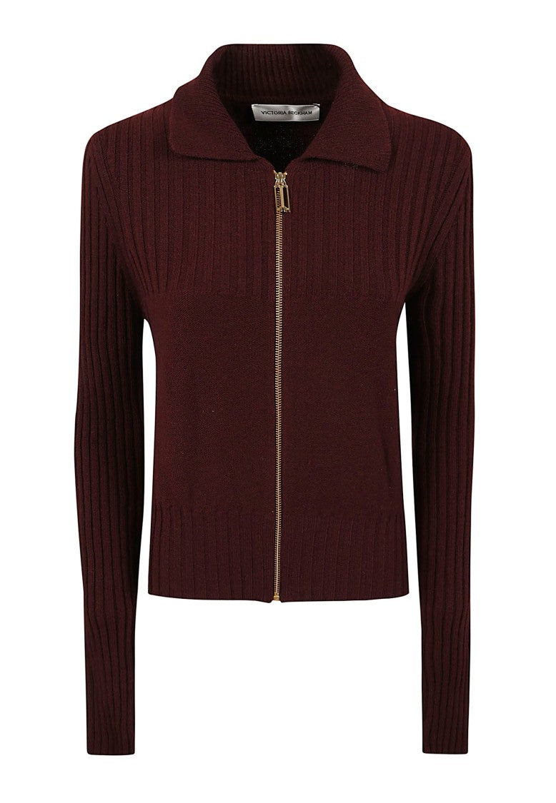 Victoria Beckham Burgundy Ribbed-Knit Jumper With Gold-Tone Hardware