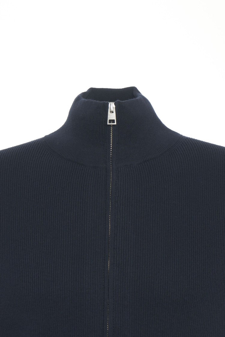 Closed High-Collar Zip Cardigan With Ribbed Detailing