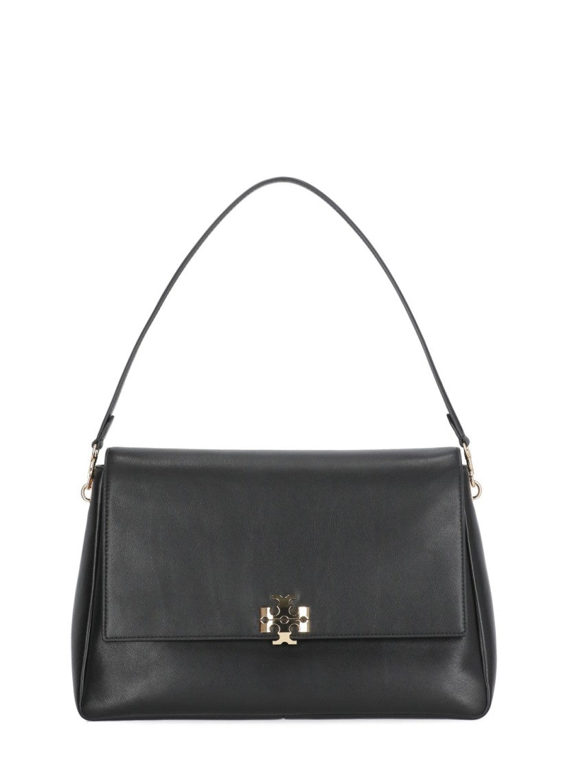 Tory Burch Black Trapezoidal Gold Logo Leather Shoulder Bag