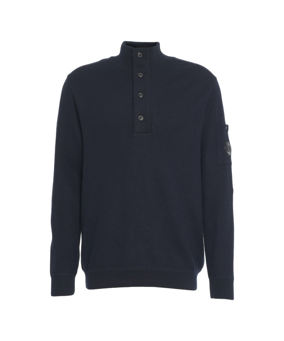 C.P. Company High Neck Sweater With Half-Button Closure And Distinctive Logo Patch