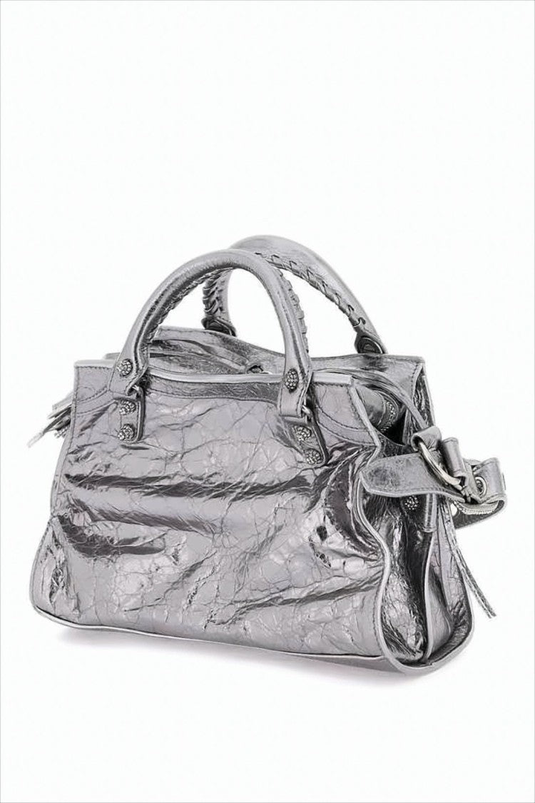 Balenciaga Crinkled Lambskin Silver Tote Bag With Eyelet Accents