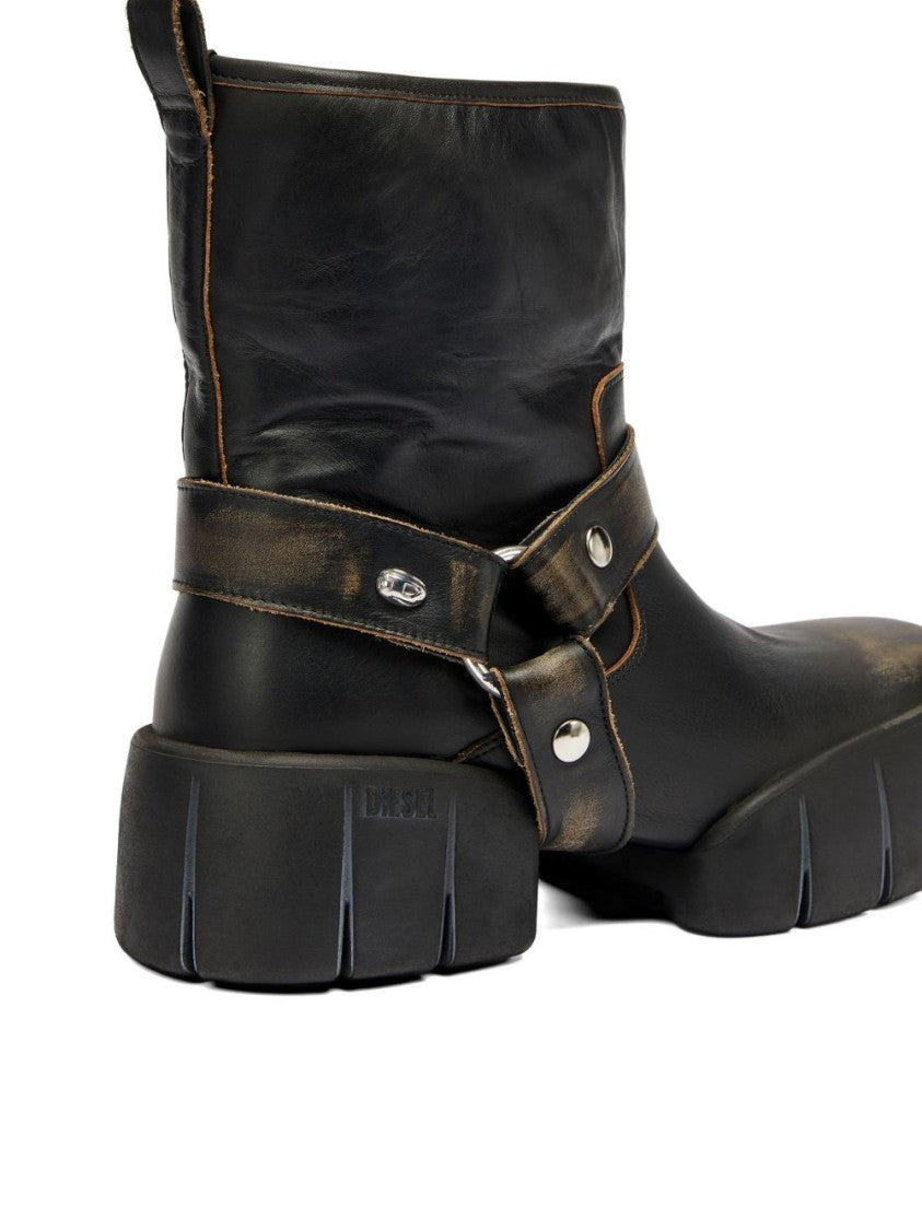 Diesel Chunky Sole Black Leather Boots With Ankle Strap Detail
