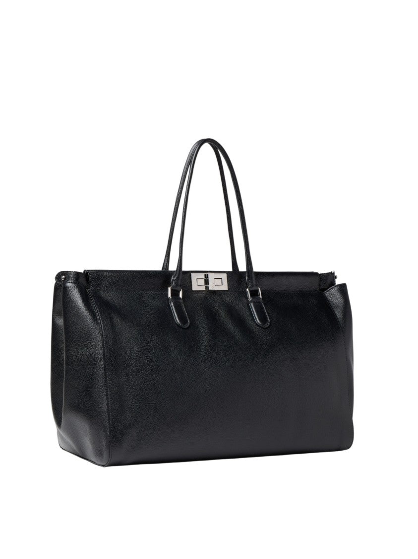 Fendi Large Structured Tote In Full-Grain Calfskin With Vintage Silver Twist Lock