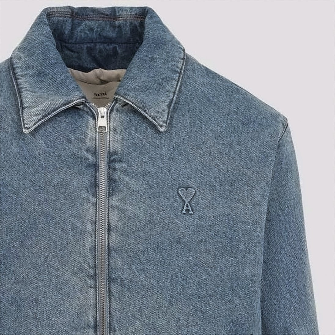 Ami Paris Denim Jacket With Classic Collar And Embroidered Detail