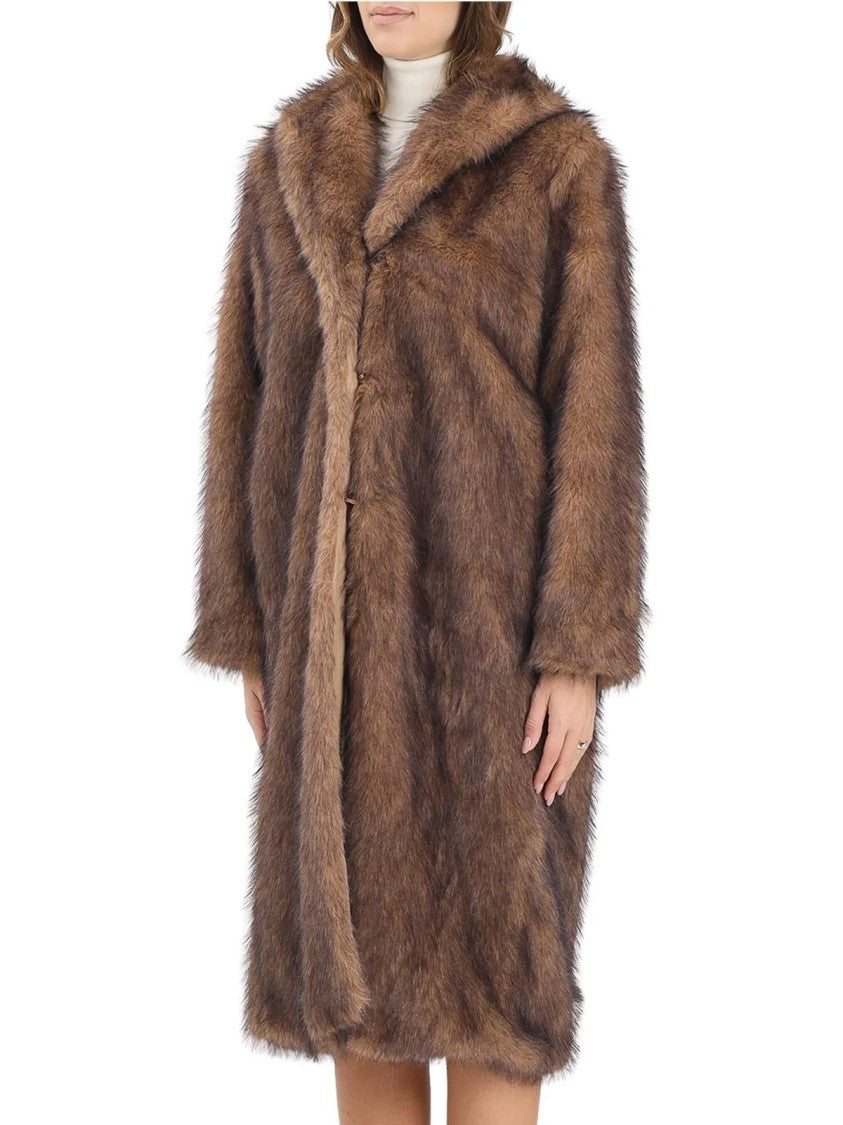 Only Brown Faux Fur Coat With Plush Texture And Practical Pockets