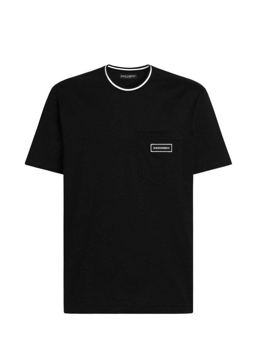Dolce & Gabbana Black White Trim Logo Patch Cotton T-Shirt