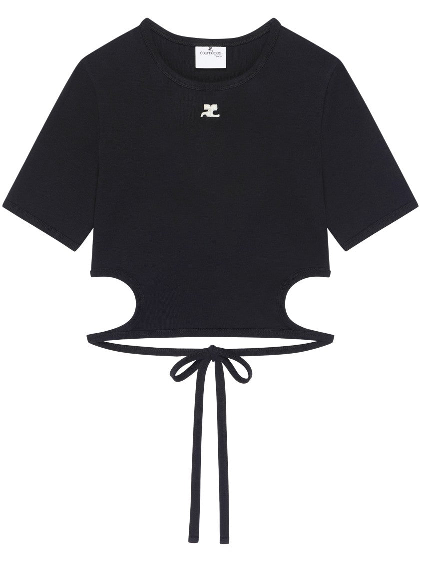 Courrèges Cropped T-Shirt With Side Cut-Outs And Ribbon Tie