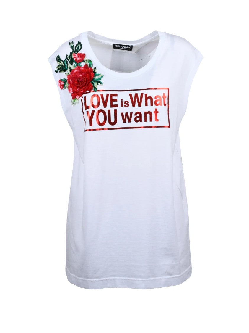 Dolce & Gabbana White Metallic Print Applique Cotton T-Shirt