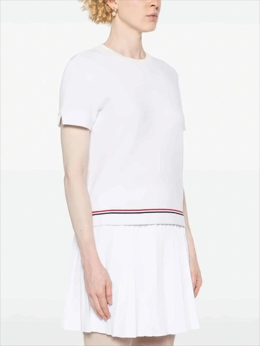 Thom Browne Cropped White Short-Sleeved Top With Striped Trim