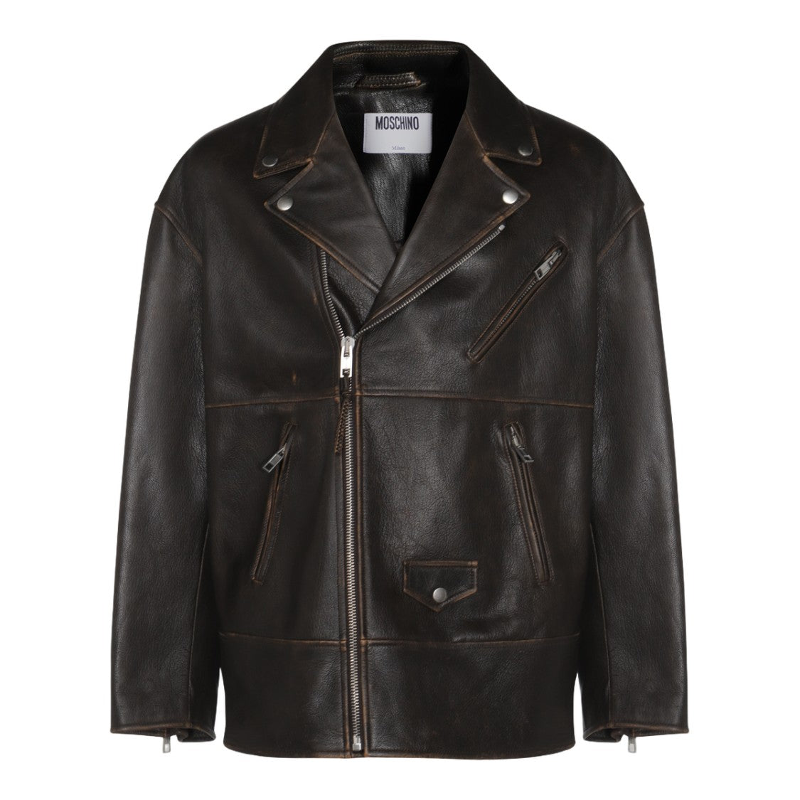 Moschino Distressed Dark Brown Leather Biker Jacket