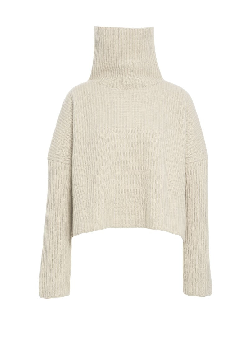 Roberto Collina Beige Ribbed Turtleneck Knit Sweater With Cropped Design