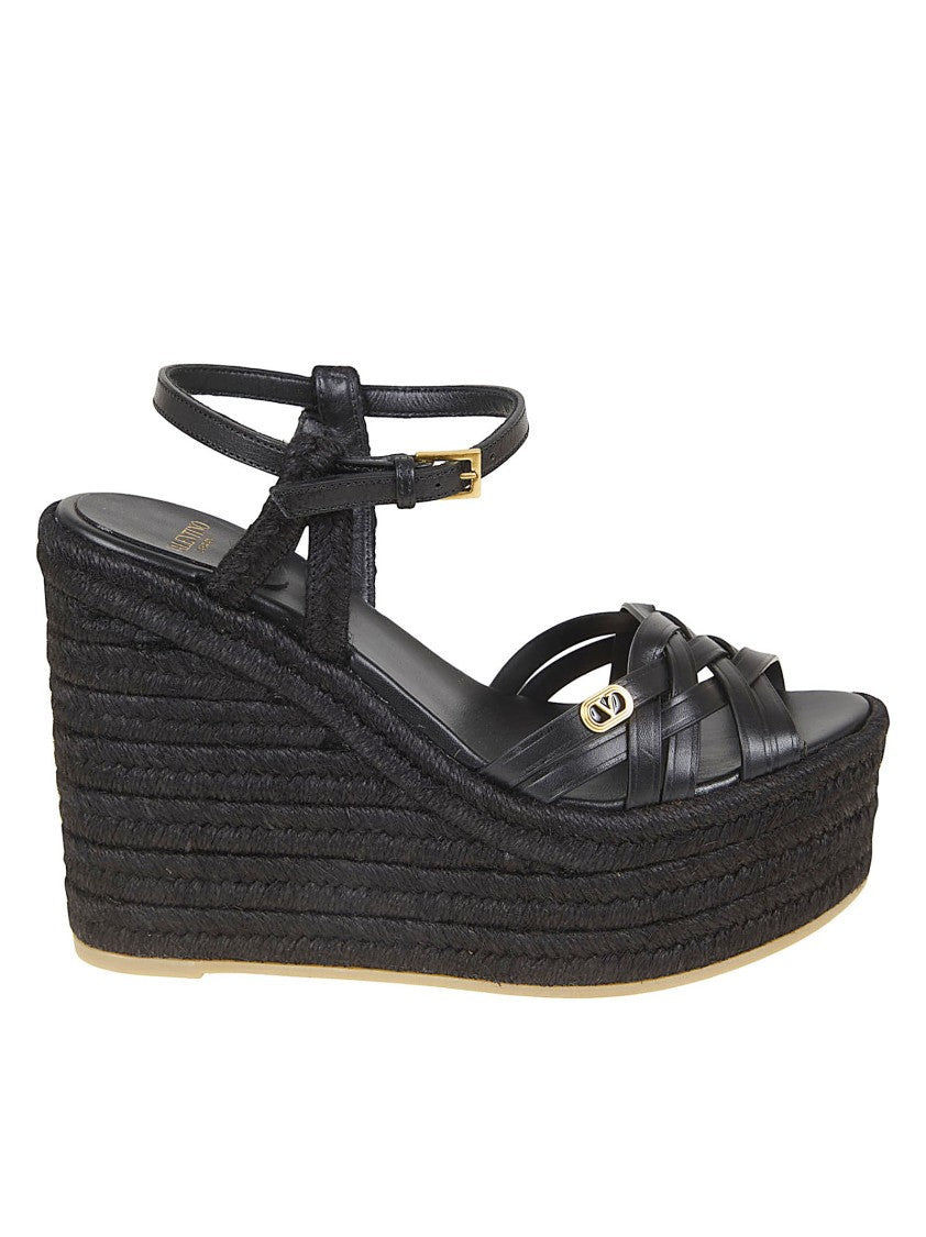 Valentino Garavani Braided Leather Wedge Espadrillas With Adjustable Ankle Strap