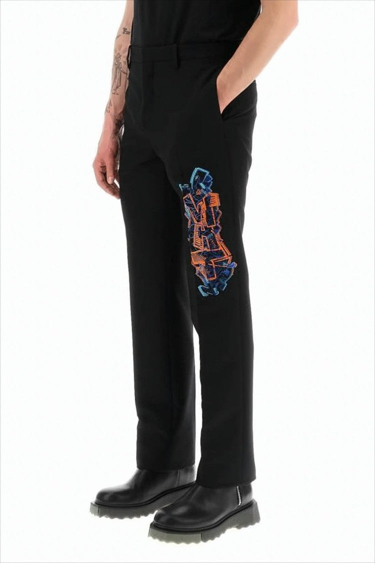 Off-White Tailored Suit Pants With Vibrant Embroidery Detail