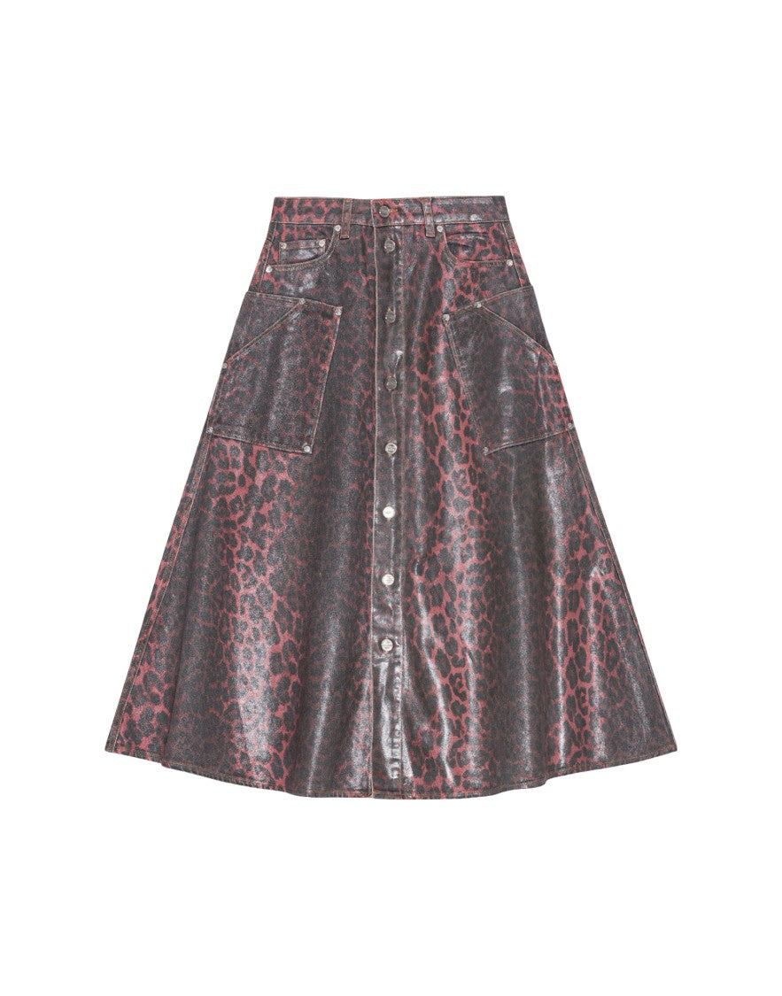 Ganni Leopard Print Foil Denim Midi Skirt