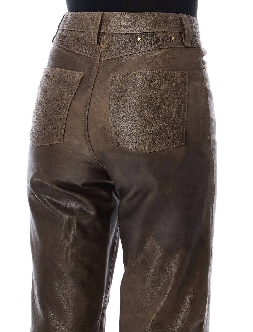 Golden Goose High-Waisted Straight Leather Pants With Embossed Floral Detailing