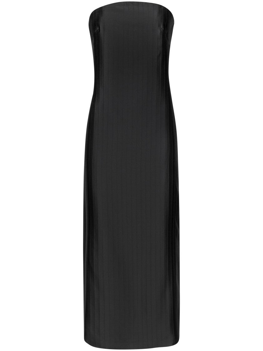Loulou De Saison Strapless Black Midi Dress With Vertical Stripe Pattern