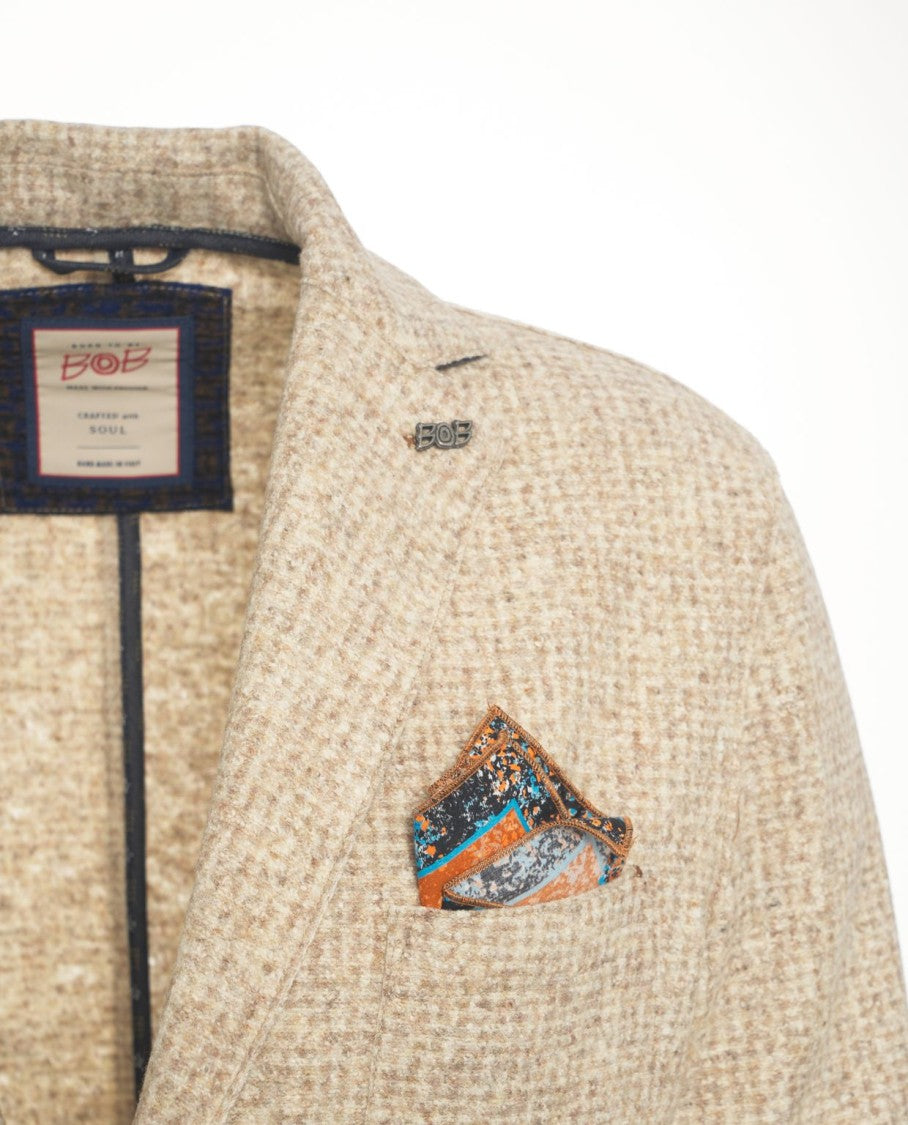 Bob Structured Beige Checkered Blazer With Elegant Lapel