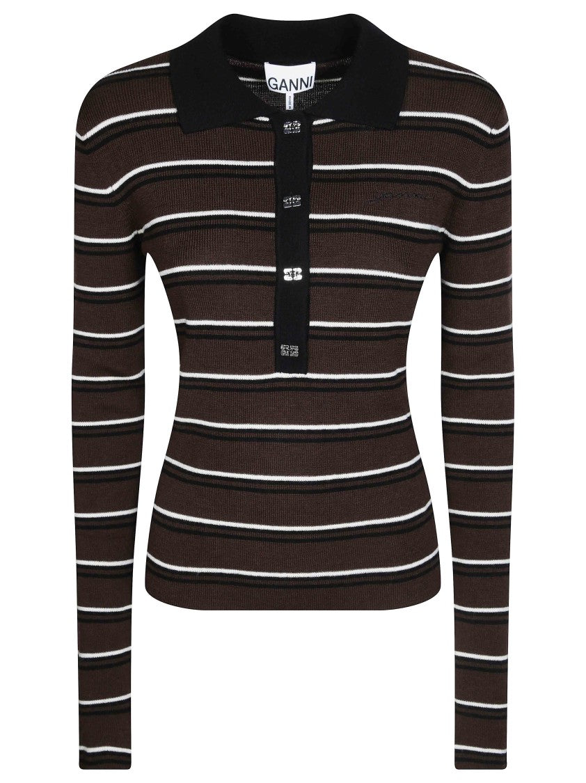 Ganni Ribbed Merino Wool Polo Shirt