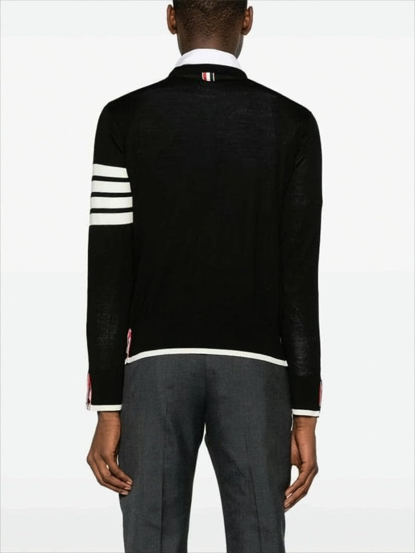 Thom Browne Crew Neck Black Wool Sweater With Signature Stripes And Buttoned Cuffs