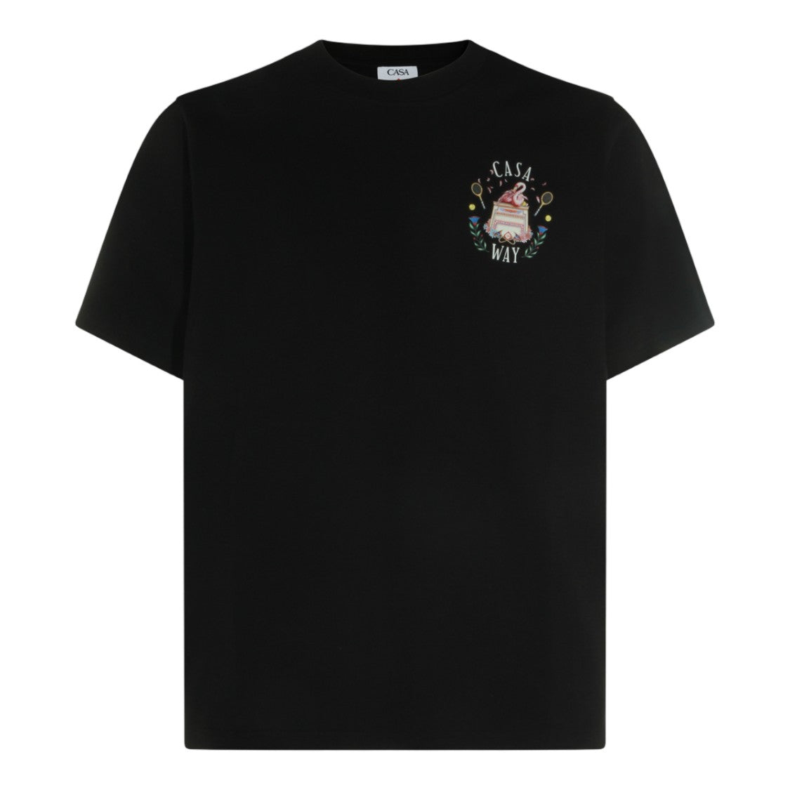 Casablanca Graphic Black T-Shirt With Flamingo And Tennis Design