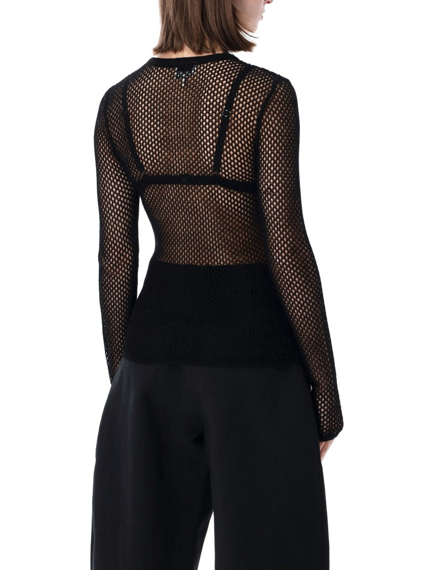Ganni Fitted Long-Sleeve Pointelle Mesh Top With Floral Applique