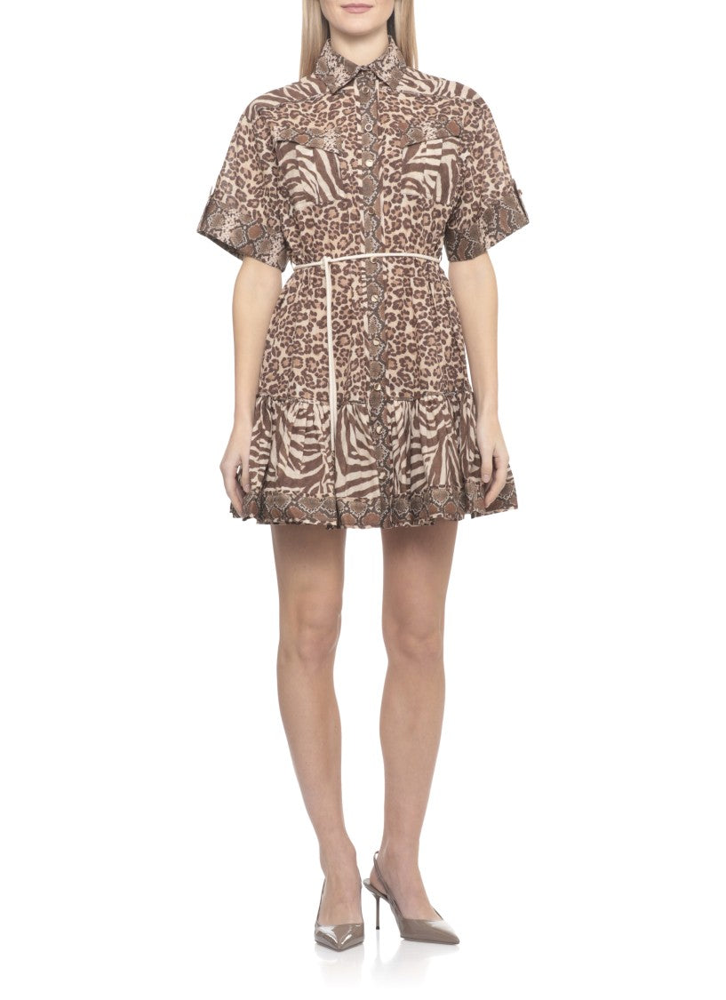 Zimmermann Animal Print Cotton Mini Dress With Belted Waist And Ruffled Hem