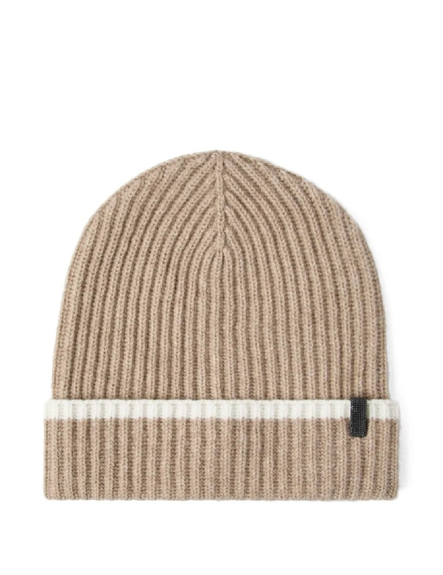 Brunello Cucinelli Ribbed Beanie With Contrasting Stripe And Folded Cuff