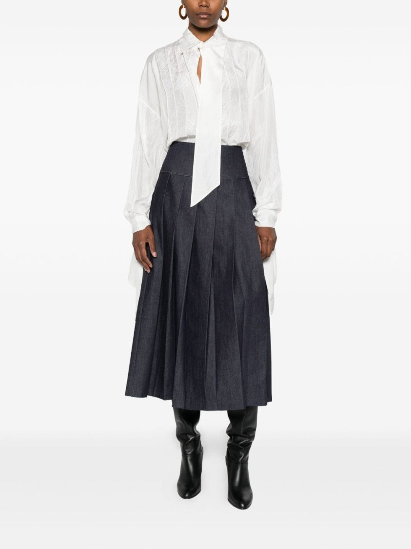 Lanvin White Tie Neck Pleated Silk Top